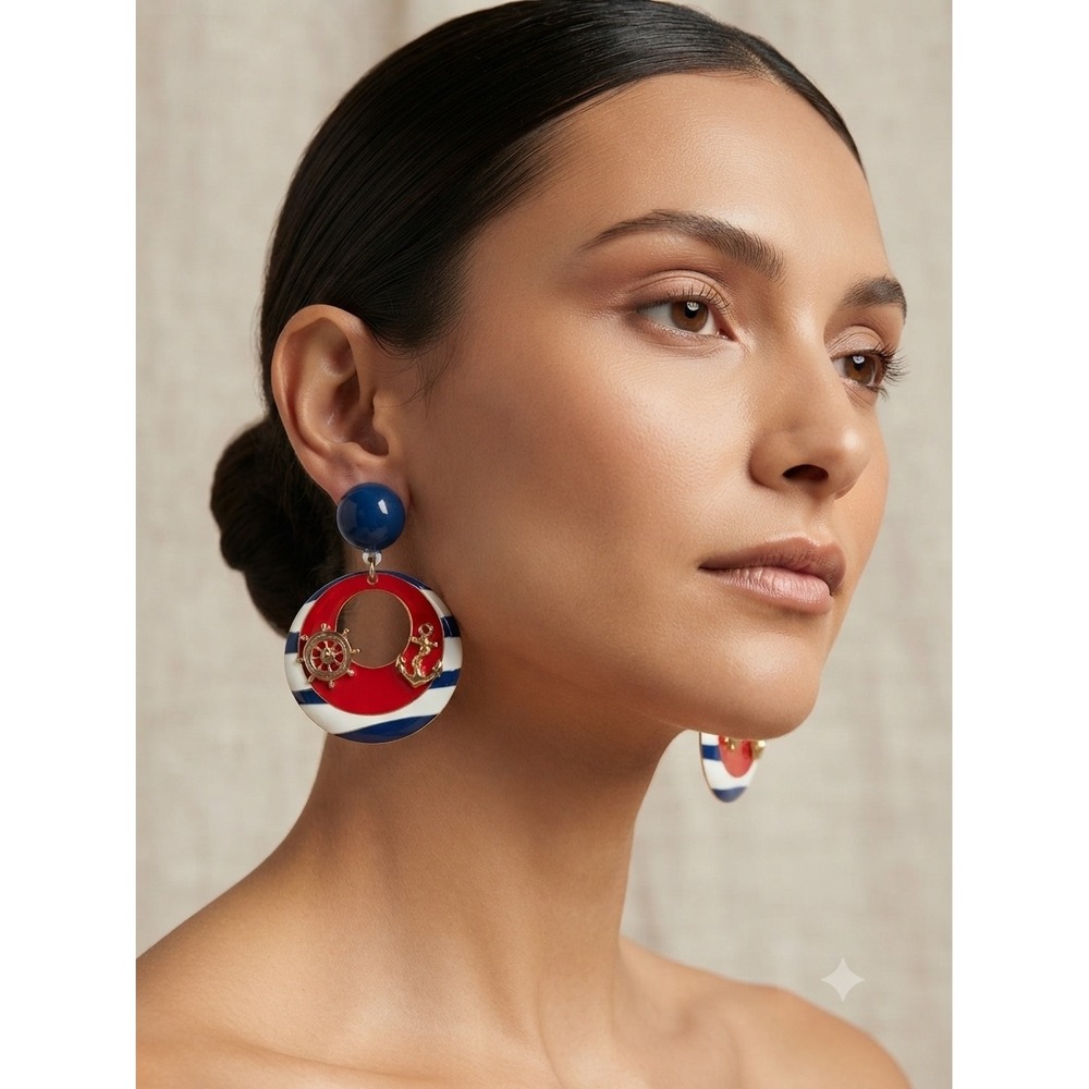 Nautical Hoop Drop Earrings Red White Blue Striped Anchor Ship Wheel Gold Tone